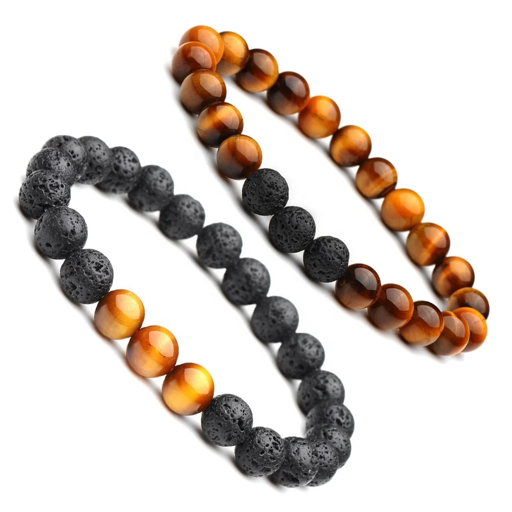 

Natural Stone Lava Rock Tiger Eye Charm Lucky Couples Distance Beaded Bracelets