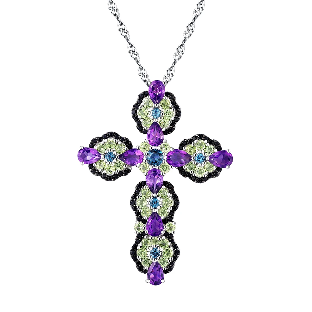 

Fashion Style Natural Topaz Amethyst Gem Jewelry Necklace 925 Sterling Silver Cross Women Pendant Necklace