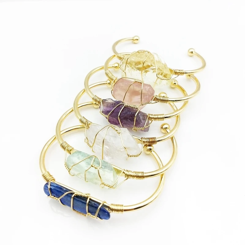 

Unique Natural Raw Crystal Gemstone Bracelet Handmade Gold Plated Wire Wrapped Quartz Bracelets Bangles for Women Jewelry, Multi