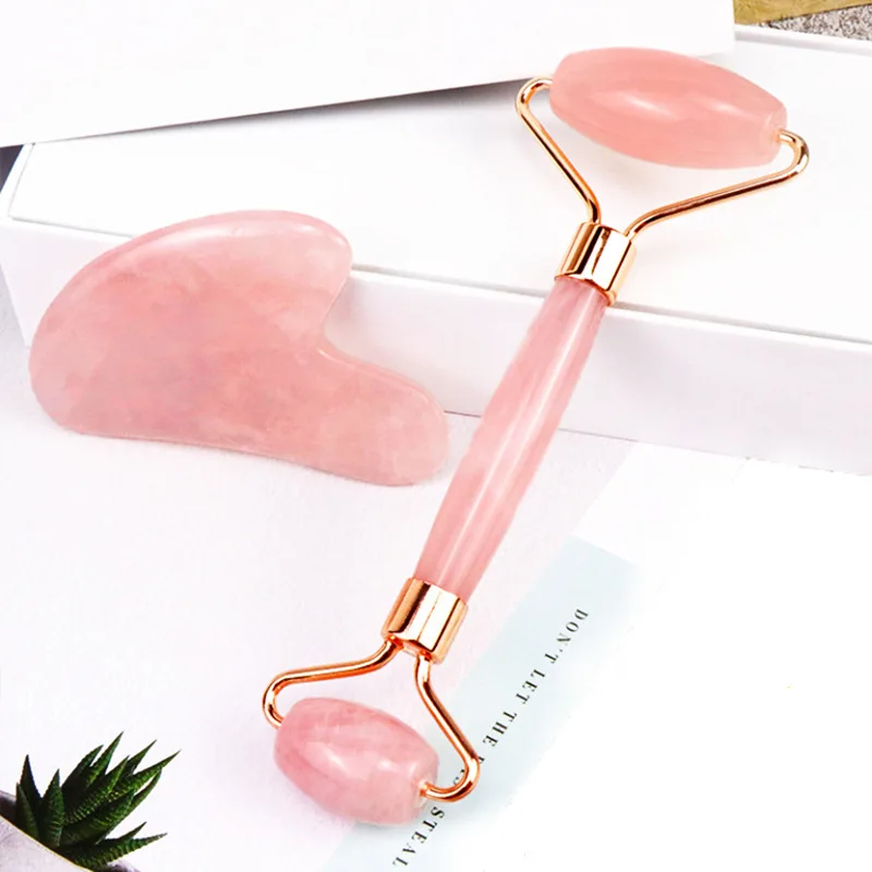 

100% natural jade stone noiseless anti aging face lifting skin car jade roller gua sha set, Pink