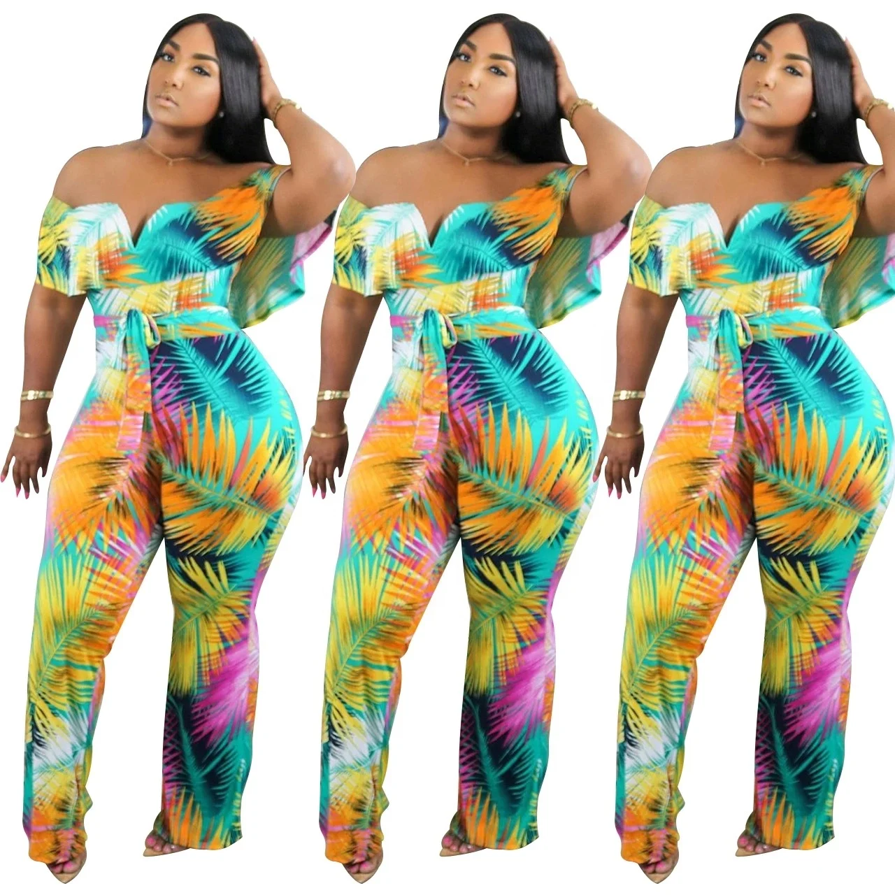 

2021 New Arrivals print Pure Color sexy Short Sleeves off the shoulder womens two piece set one piece jumpsuit, Different color