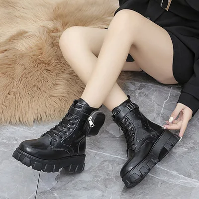 

Autumn winter huge size side zipper flat martin womens waterproof boots with a small bag