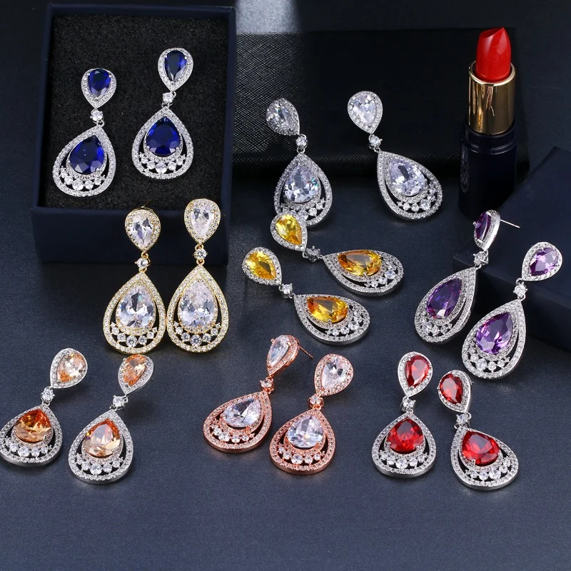 

2022 Trendy Luxury Crystal Engagement Teardrop CZ Bridal Drop Earrings For Bridesmaid Jewelry Gift
