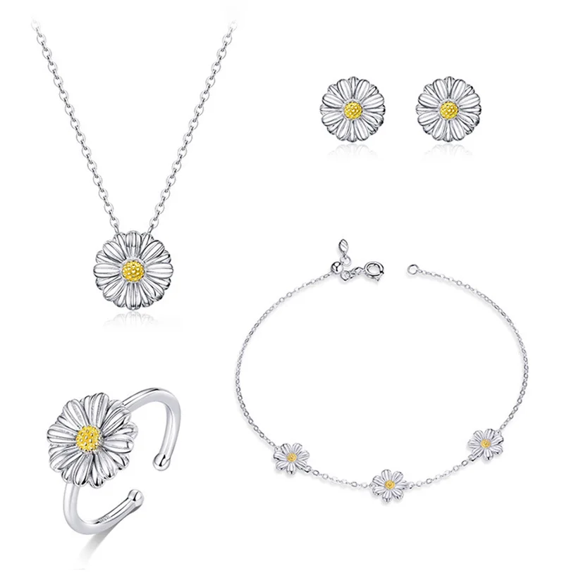 

Adjustable accessories with daisy flower earrings women jewelry set jewelry bracelet charms 925 sterling silver ring, Platinum