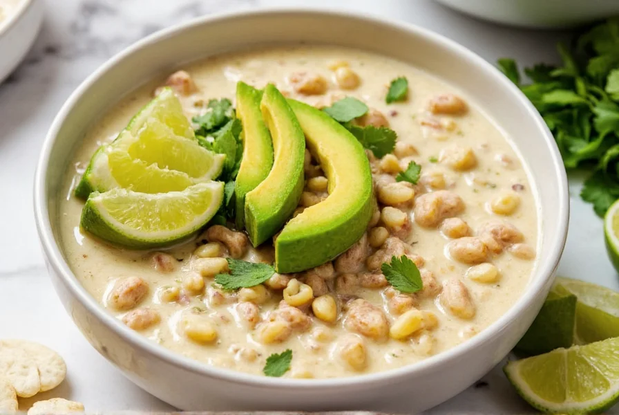 Bowl of creamy meatless white chili topped with avocado, cilantro, and lime wedges