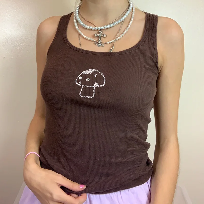 

Mushroom Diamond Brown Tops Ribbed Knitted U Neck 90s Slim Vintage Tank Tops Dropshipping Y2k Crop Top