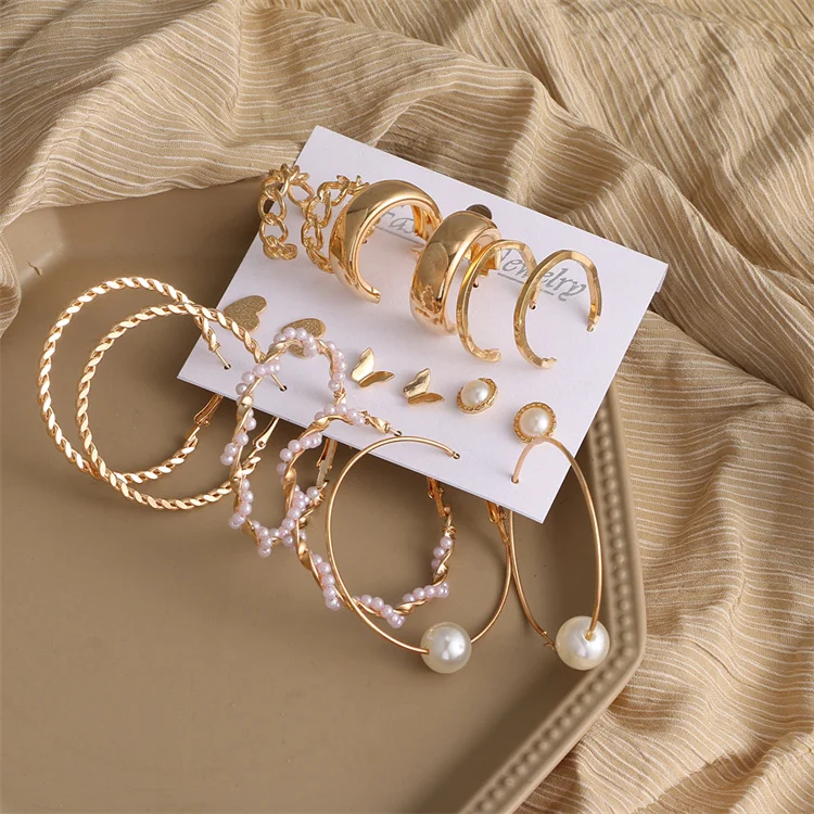 

New Korean Brincos Fashion Jewelry Acrylic Pearl Earrings Set Mixed Designs Gold plated Metal Big Circle Pearl Hoop Earrings