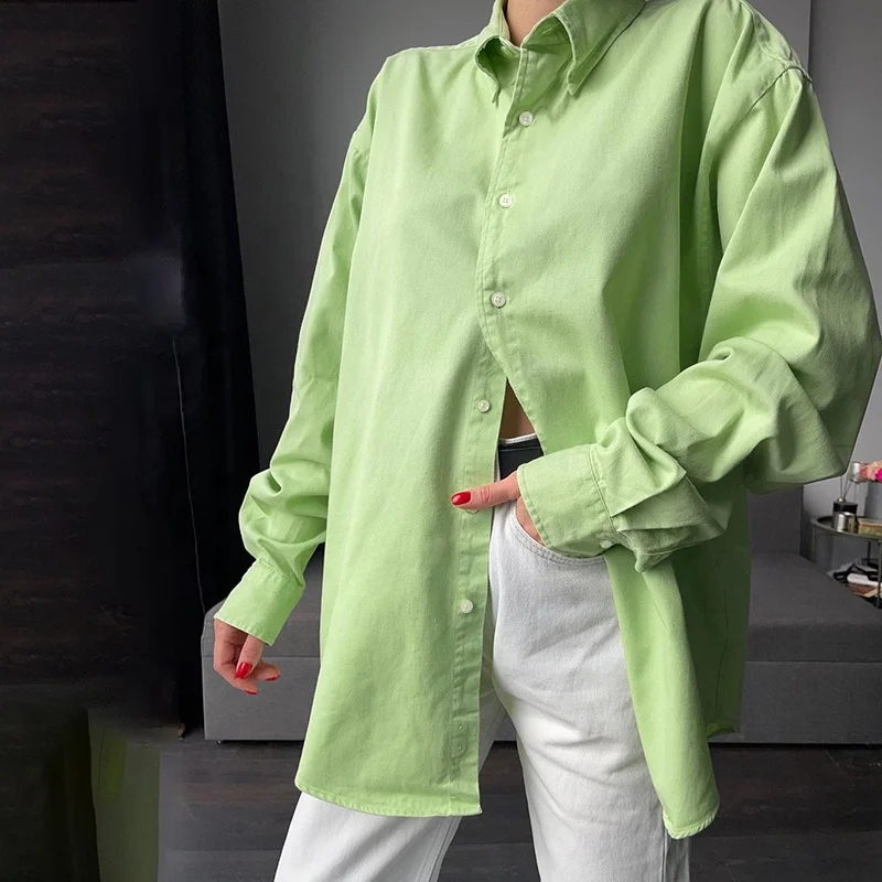 

street wear fashionable women long sleeve button turn down collar over size loose solid color blouse ladies tops casual blouse