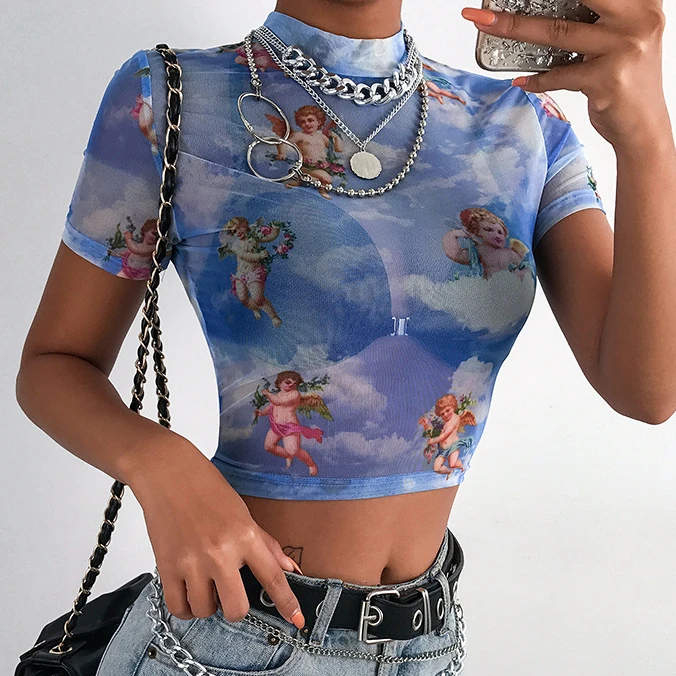 

X00830C Angel Print Mesh Sexy T Shirt Crop Top High Neck Short Sleeve Graphic Tees Women Streetwear Harajuku Shirts Hot Sale, Black