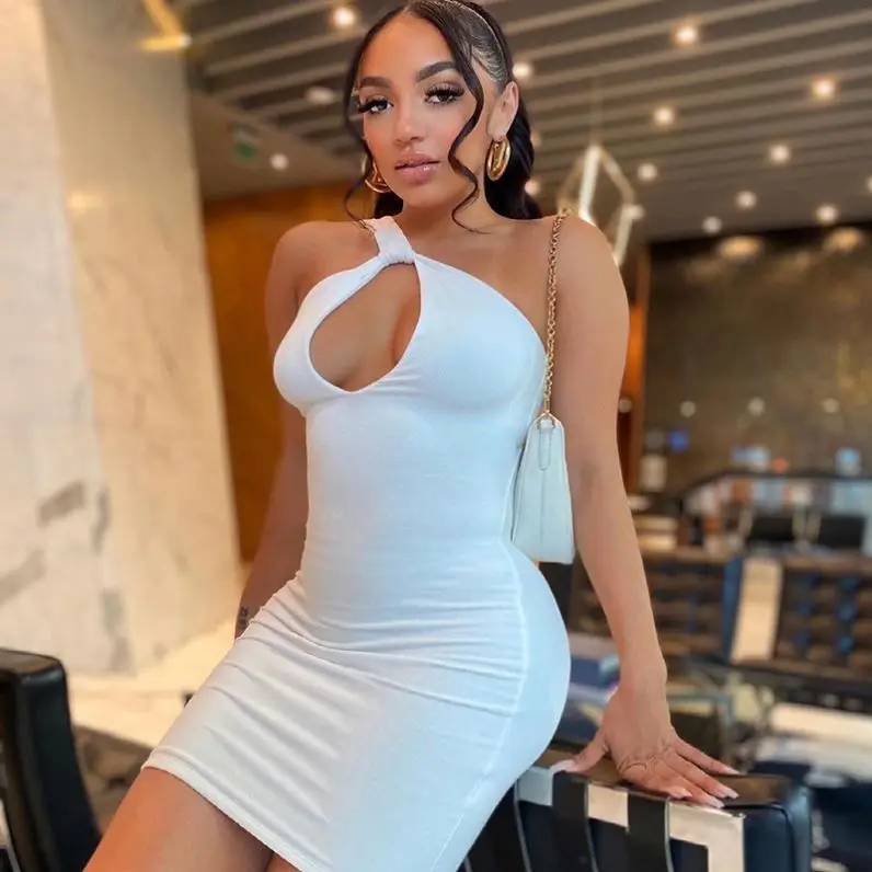 

Solid Color Dress One Shoulder Clubwear Sexy Bodycon Sexy Women Draped Long Sleeve Mini Black White Dress