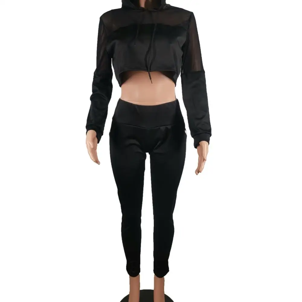 

Autumn Black Sexy Ladies Hoodie Sweater Sweatshirt Black Long Sleeve Crop Top Hoodie translucent sleeve and Legging Set