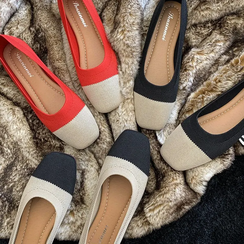 

Women fashion ballerina knitted upper square toe flat shoe