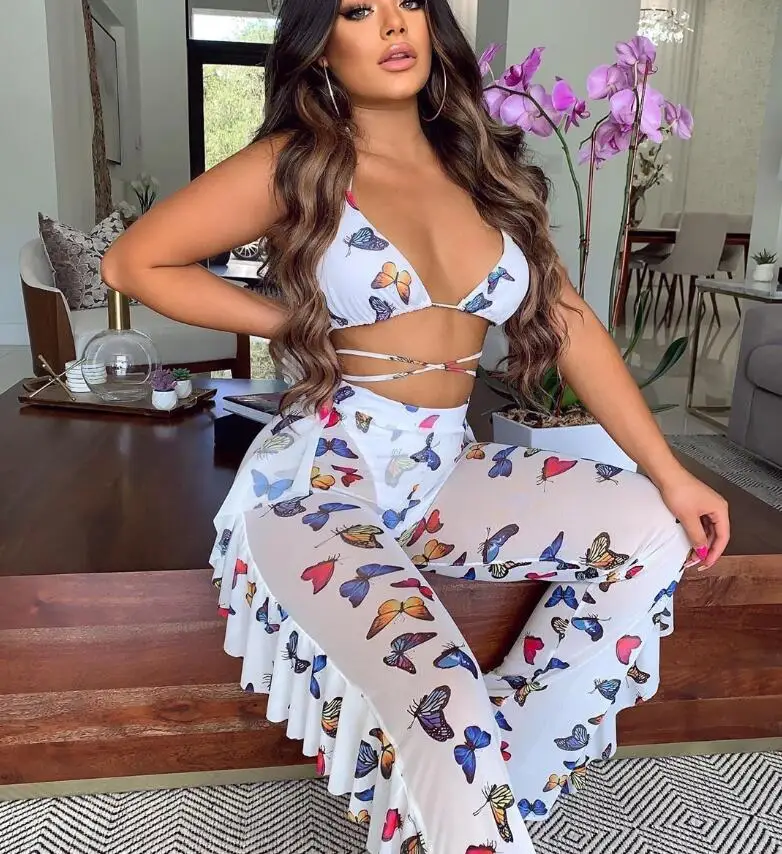 

NEW STOCK 22Colors Print Beachwear 2Pieces Swimsuit Mesh Sheer Long Pant XXL