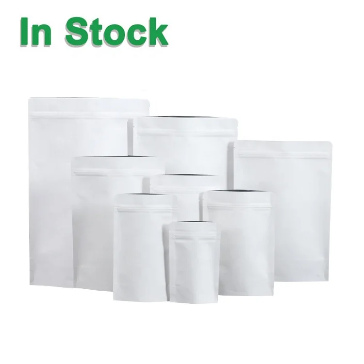 White Kraft Paper Aluminum Foil Laminated Plain Stand Up Resealable Ziplock Heat Seal Packet Food Pouch Bag