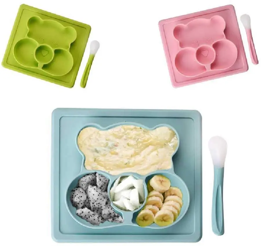 

Bear Silicone Safe and Non-Toxic Baby Food Tray Tableware Spoon Suction Cup at The Bottom Suitable for Boys / Girls, Babies, Black/rose red/light purple/dark purple/orange/blue/green