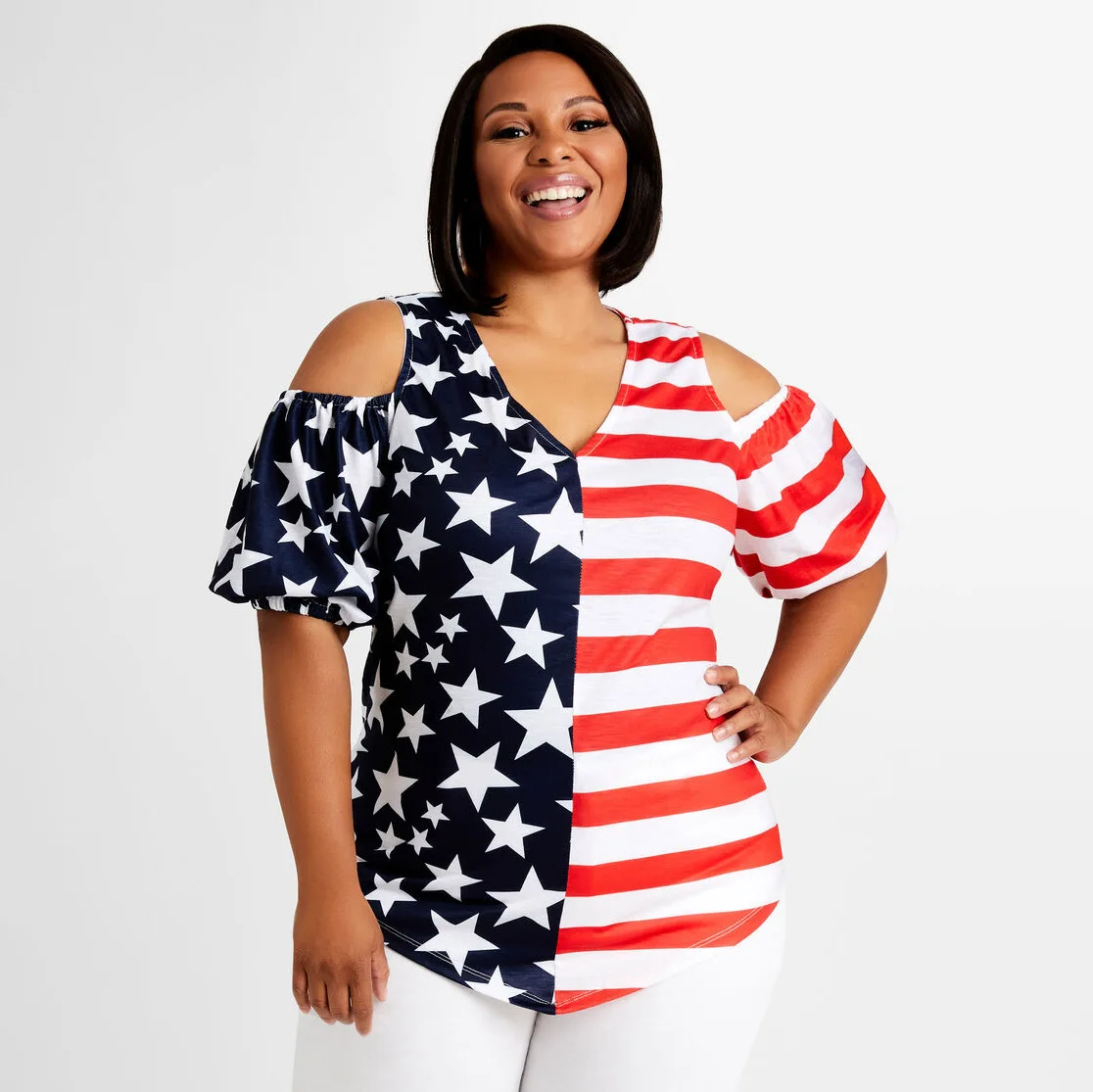 

F21898A hot sale summer Independence Day Short sleeved plus size T-shirt printed casual loose T-shirt for women, As picture