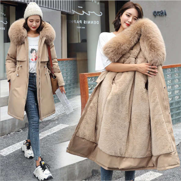 

2020 women's winter cotton coat plush fur collar warm cotton coat jacket Long Hooded Coat Women's Jacket, Khaki, red, green, blue, black