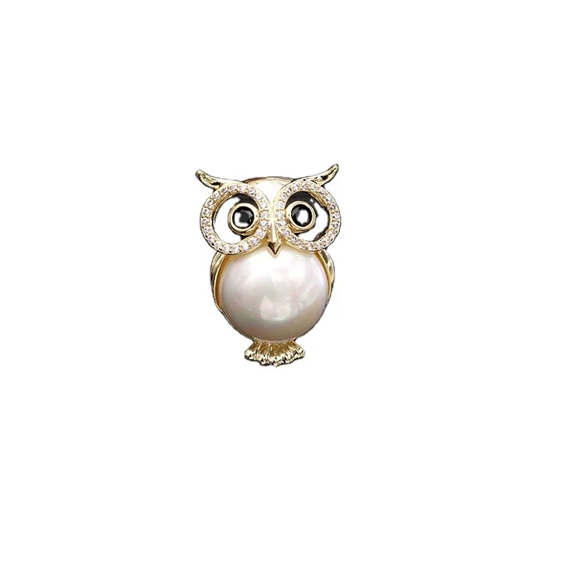 

XILIANGFEIZI Latest Shell Pearl Animal Small Pin No Perforation Trendy Magnetic Brooch Cartoon Owl Brooches, Gold,silver
