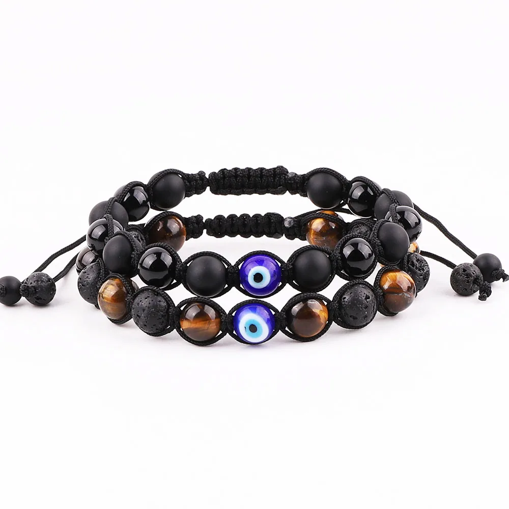 

New Design 8mm Brown Tiger Eye Lava Stone Evil Eye Beaded Braided Macrame Bracelet JBS12600