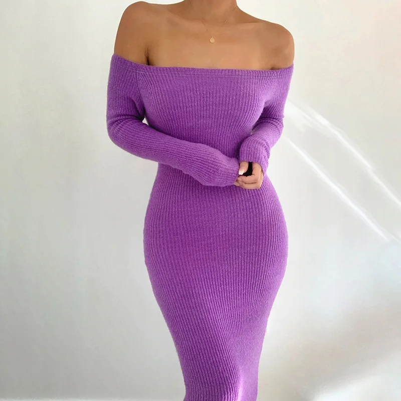 

Fashion Plain Tight Rib Knit Dress Women Off Shoulder Elegant Sexy Party Wear Sweater Long Dresses, As picutre