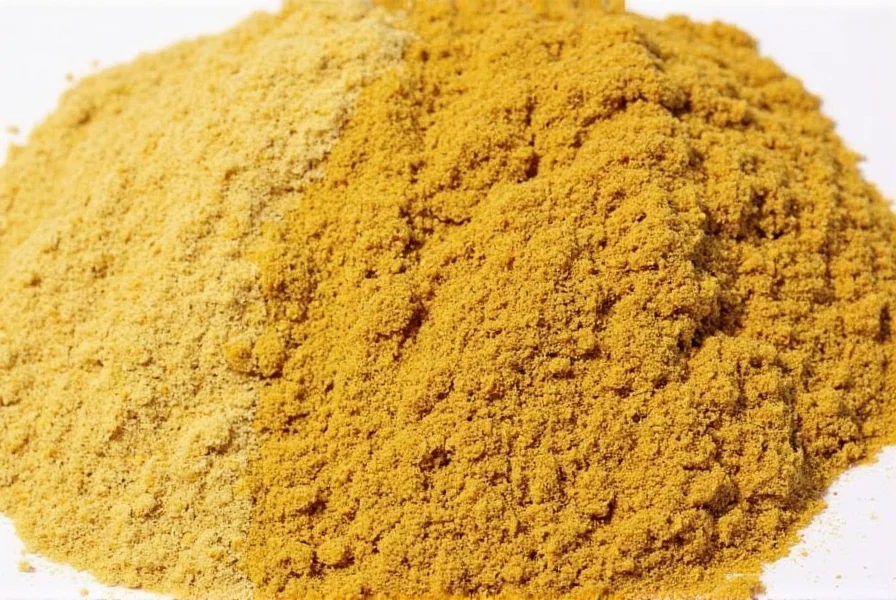 Close-up comparison of dry mustard powder and ground mustard powder in spice jars showing identical texture and color