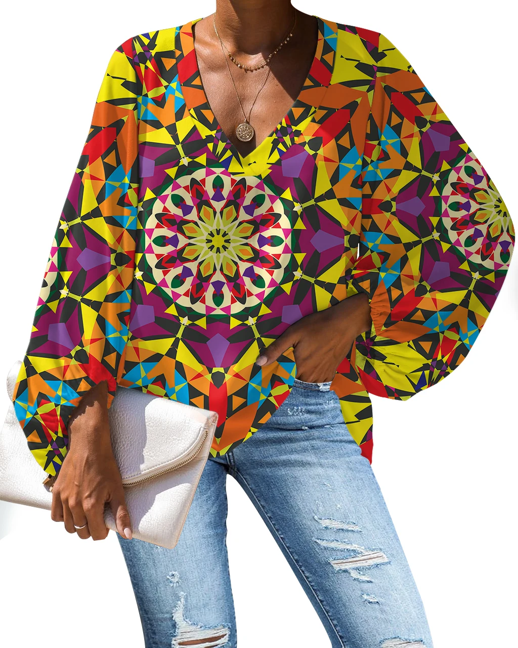 

New Mandala Flowers Design Print Long Sleeve Tops And Blouse Women Casual Long Sleeve Colourful Circular Floral Ladies Plus Tops, Customized color