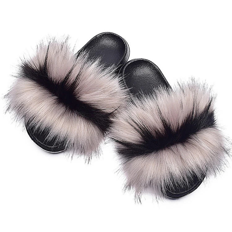 

Premuium Quality Adult Faux Raccoon Fur Slipper Colorful Faux Fur EVA Sole Slippers, Customized color