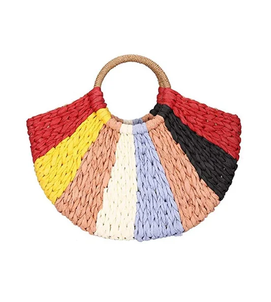 

Color Straw Bags for Women,Hand-woven Straw Top-handle Bag with Round Ring Handle Summer Beach Rattan Tote Handbag