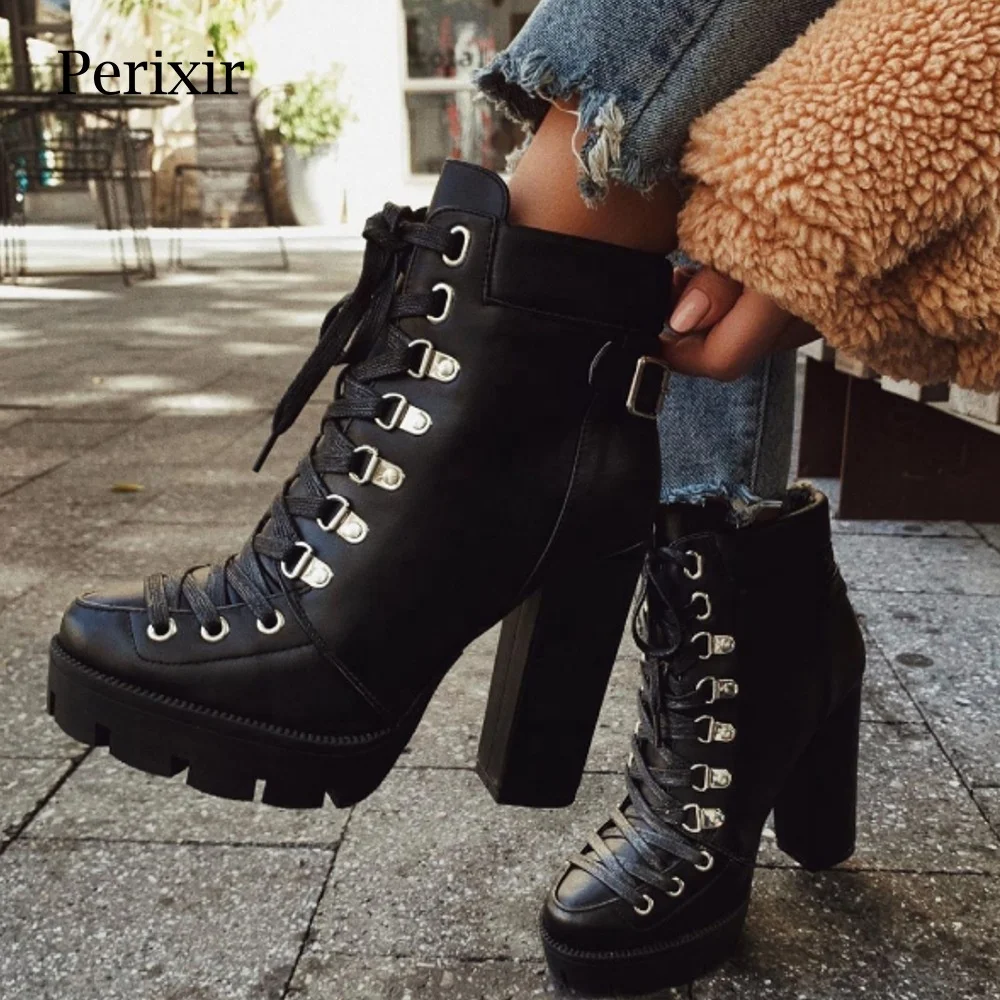 

2021 New Arrival Women Winter Platform Thunky High Heel Ankle Boots Ladies Round Toe Lace Up Thick Bottom Booties, Black,yellow,red ,white