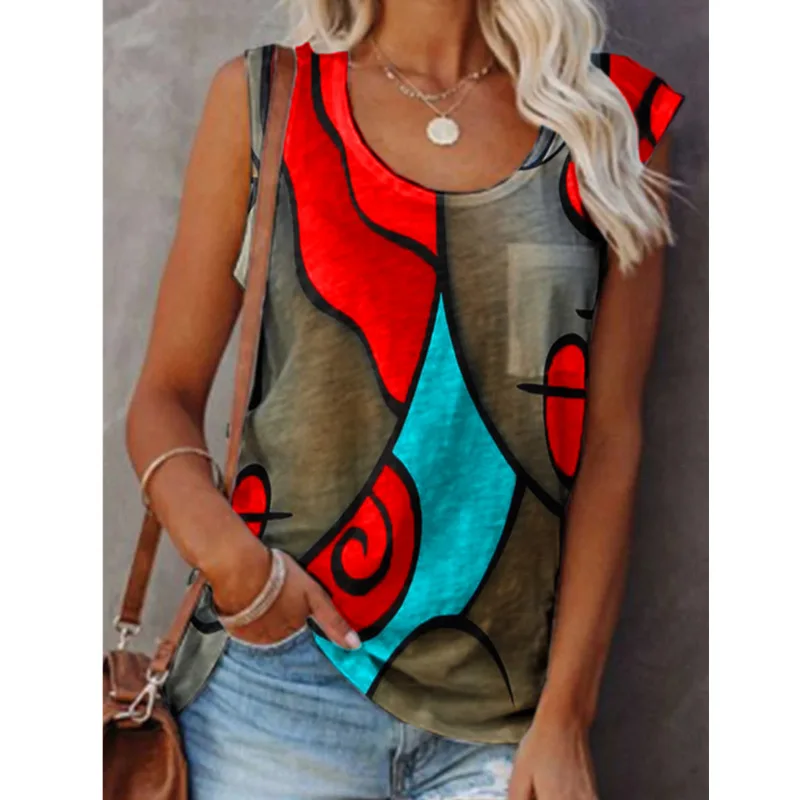 

Women Vintage Print T Shirt Tops 2021 Ladies Sleeveless Summer Tees Casual Graphic Plus Size T-shirts, Picture