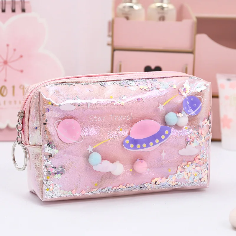 

Pink Lazer Holography Damen Tasche Cosmetic Bags Or Pouches Bolsa Maquillaje Coin Purse Clutch Cute Girls Cartoon Sequin, As show