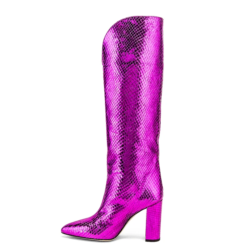 

Ladies 2020 Winter New Arrival Purple Silver PU Leather Women Chunky Heel Long Boot Pointed Toe Knee High Boots