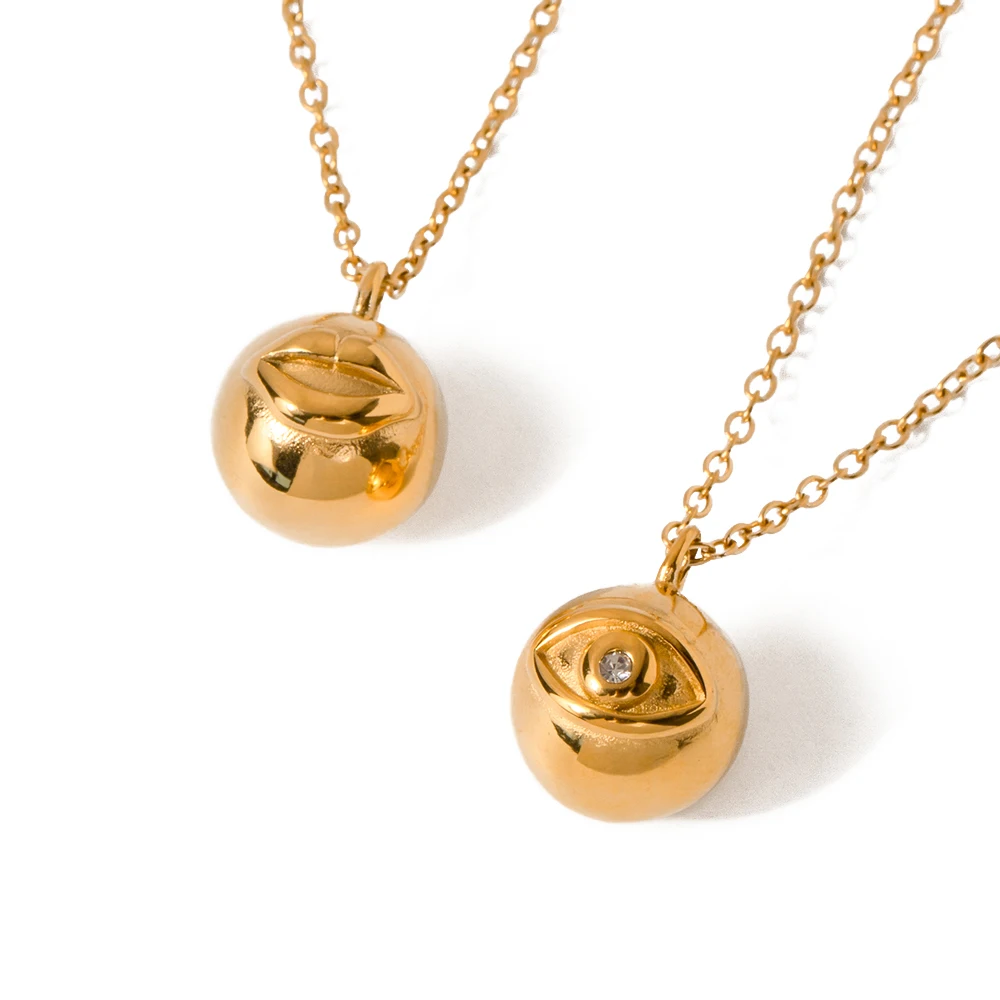 

J&D 18K Gold Plated Stainless Steel Jewelry Round Ball 3D Pendant Evil Eyes Lips Necklace Women Gift