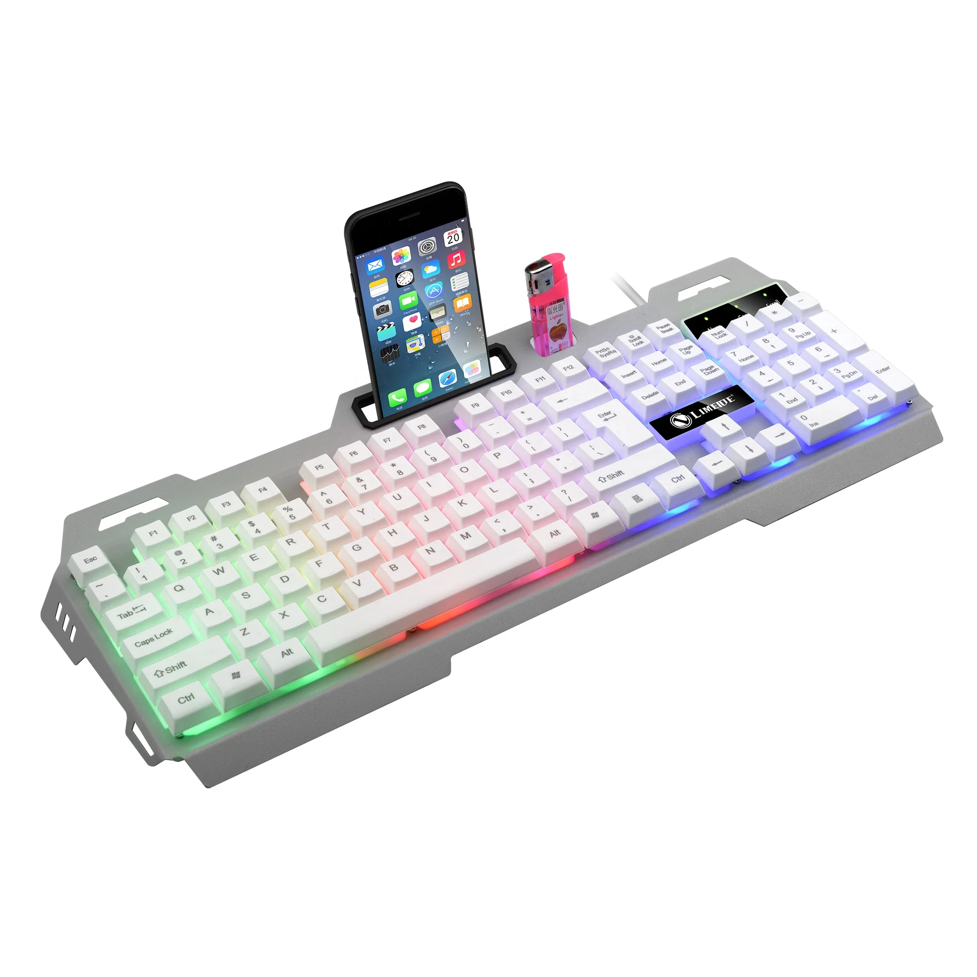 

QIYU Full Size Mechanical Feel Keyboard RGB Light Ergonomic Clavier Gamer 104 keys Keyboard With Phone Stan