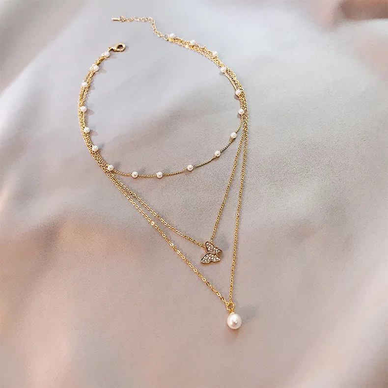 

2020 Fashion Jewelry Layered Gold Plated Crystal Pearl Butterfly Necklace For Women, Picture
