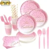 Pink and Gold Party Supplies Compo-stable Dinnerware Set Services 24 Includes Plastic Knives Spoons Forks Paper Plates Napkins