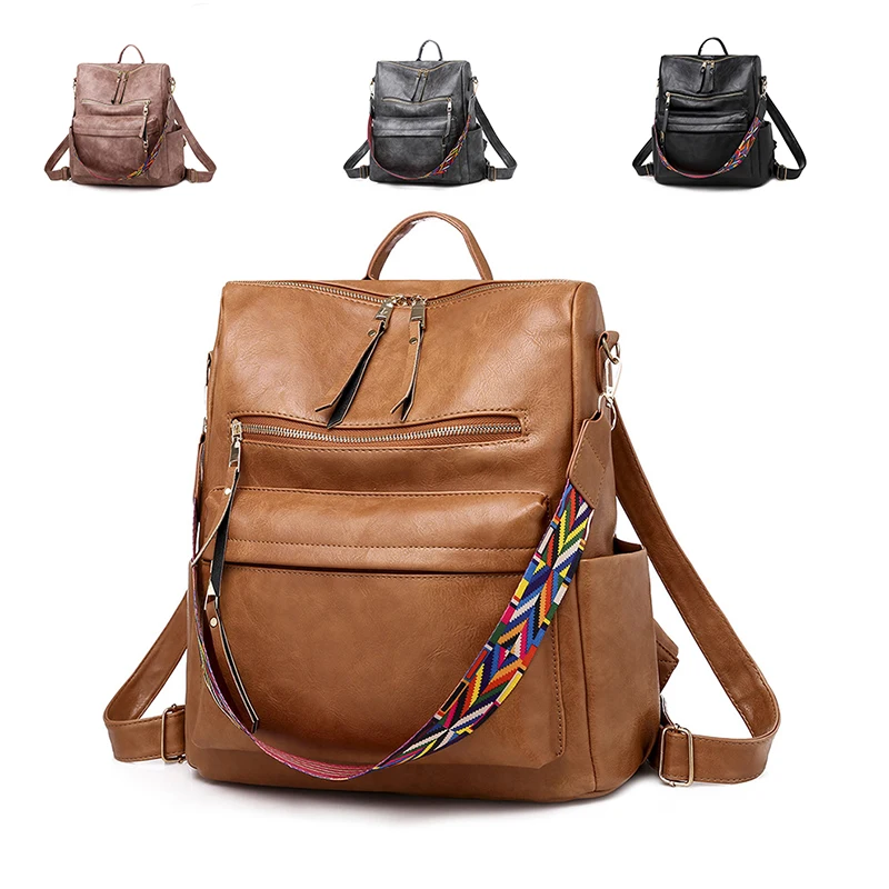 

HOT SELLING Fashion Luxury PU Vegan Mochilas Leather Girls Back Pack Bag Large Capacity Woman Backpack with Strap, 20 colors