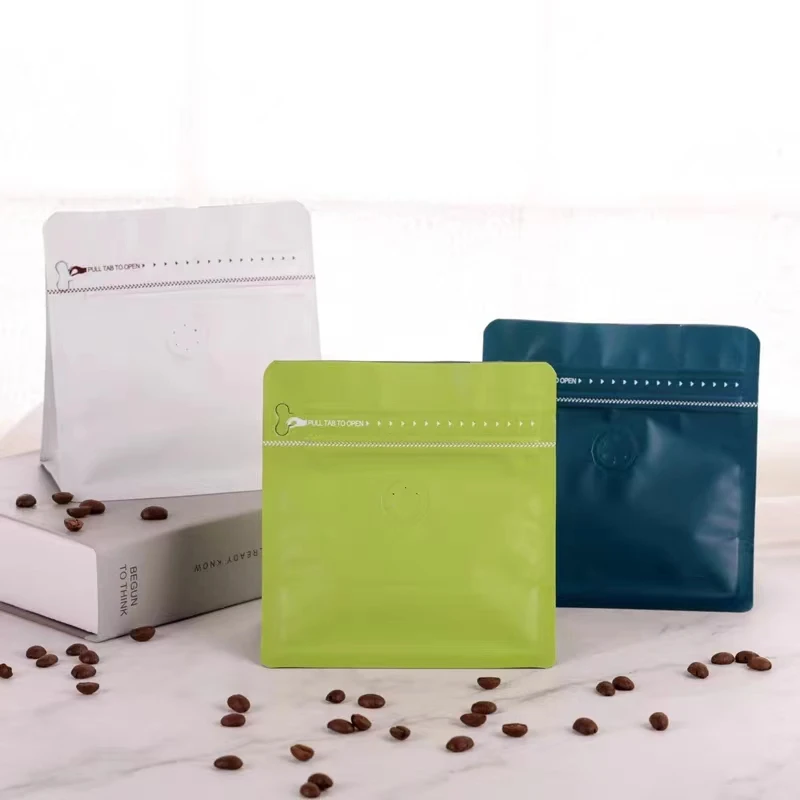 

Custom Printed Resealable Packaging Aluminum Foil Flat Bottom Stand Up Pouch 1lb Coffee Bean Bag With One Way Valve And Zipper