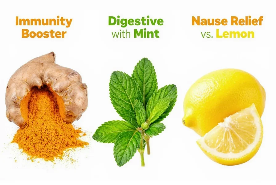 Comparison of different ginger mixture variations showing immunity booster with turmeric, digestive blend with mint, and nausea relief with lemon