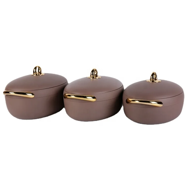 

ABS Plastic Gold Plated Handle Oval Shape Casserole Set 2L 2.5L 3L Keep Fresh Keep Warm Casserole 3 Pcs Sets Forever Gold