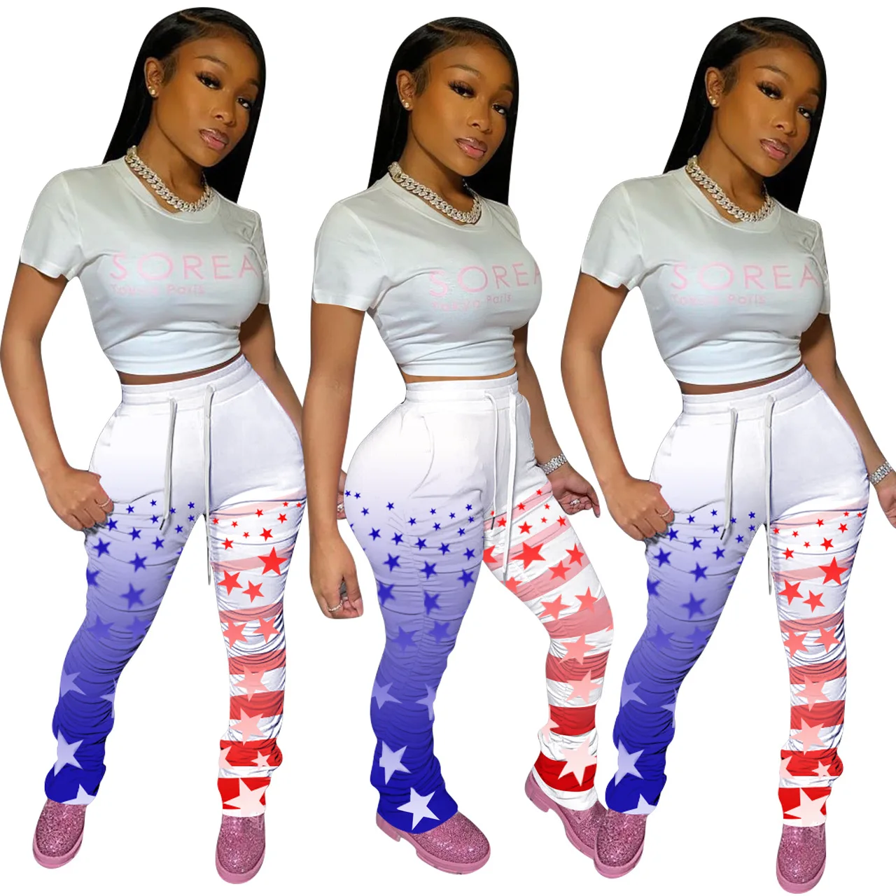 

F21338A wholesale fashion casual Hot style independence day pleated print women pants, White