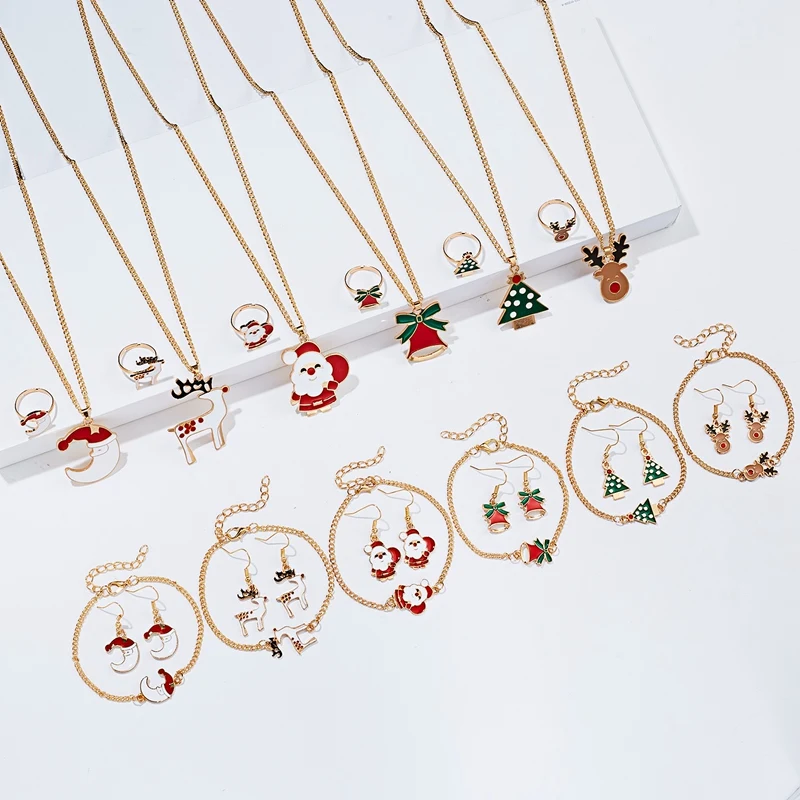 

cute Christmas jewelry set 4pcs/set alloy deer bell necklace earrings bracelet ring For women, As the picture