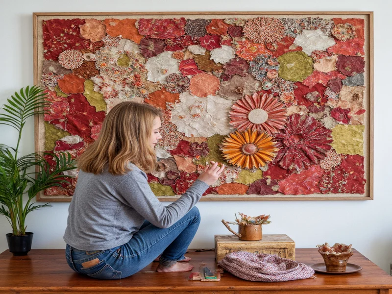 Artist creating wall art from fabric scraps and reclaimed wood