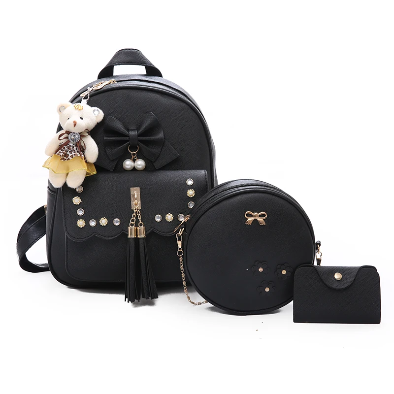 

Latest design luxury fashion lady bags tassel 3pcs pu leather women backpacks set with bear, Black white pink