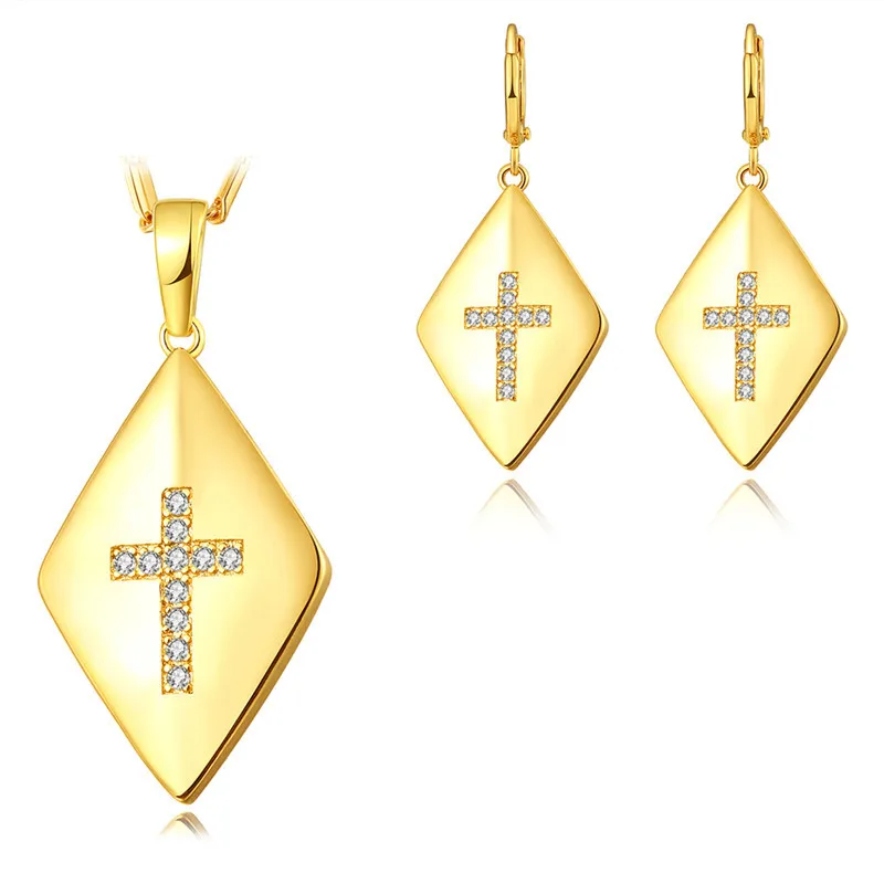 

Stainless steel gold plated zircon cz stone cross pendant religious Christian jewelry necklace and earrings set, Gold, steel, mixed colors