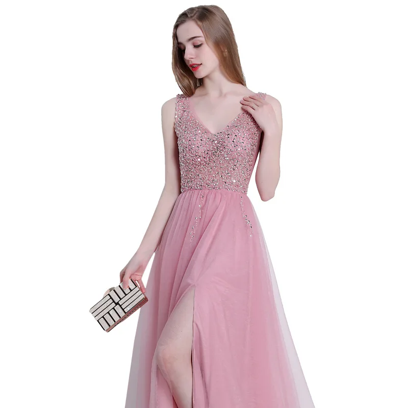 

2021 New Beautiful Bean Paste Powder V-neck Double Shoulder Decoration Long Mopping Party Evening Dresses, Picture