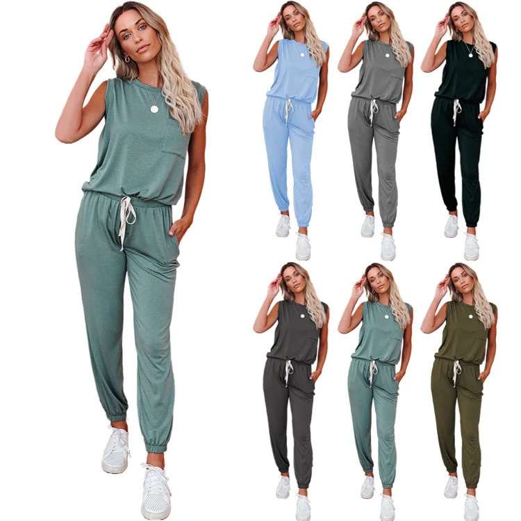 

2021 spring and summer new European and American women's wish solid color sleeveless loose casual suit