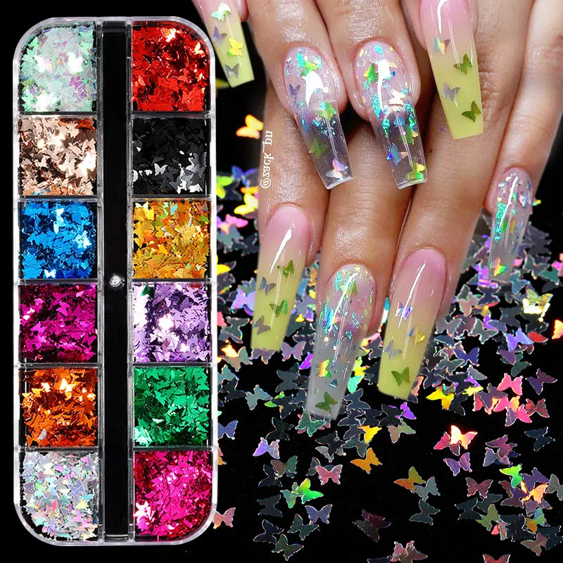

12 Grids Charm 3D Nail Flakes Butterfly Shape Laser Glitter Sequins Holographic Nail Art Decorations Manicure DIY