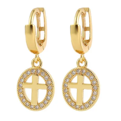 

NUORO European And American Copper Inlaid Zirconium Religious Real Gold Electroplating Men And Women Street Party Cross Earrings