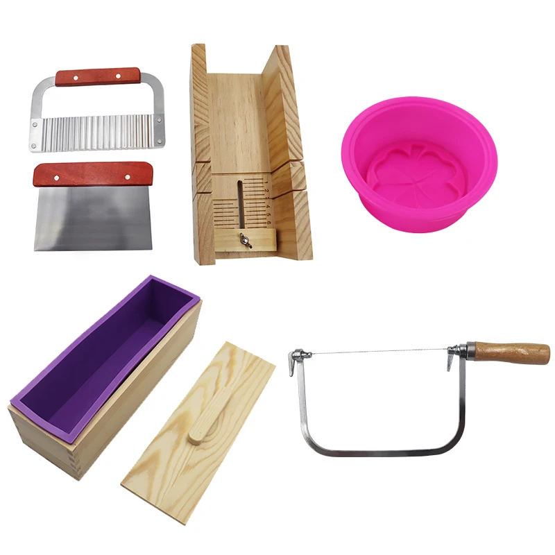 

8pcs/set New Design High Quality Multi-function Silicone Wooden Box 1200ml Handmade Soap Molds Soap Cutter Knife with Lids, Pink,purple